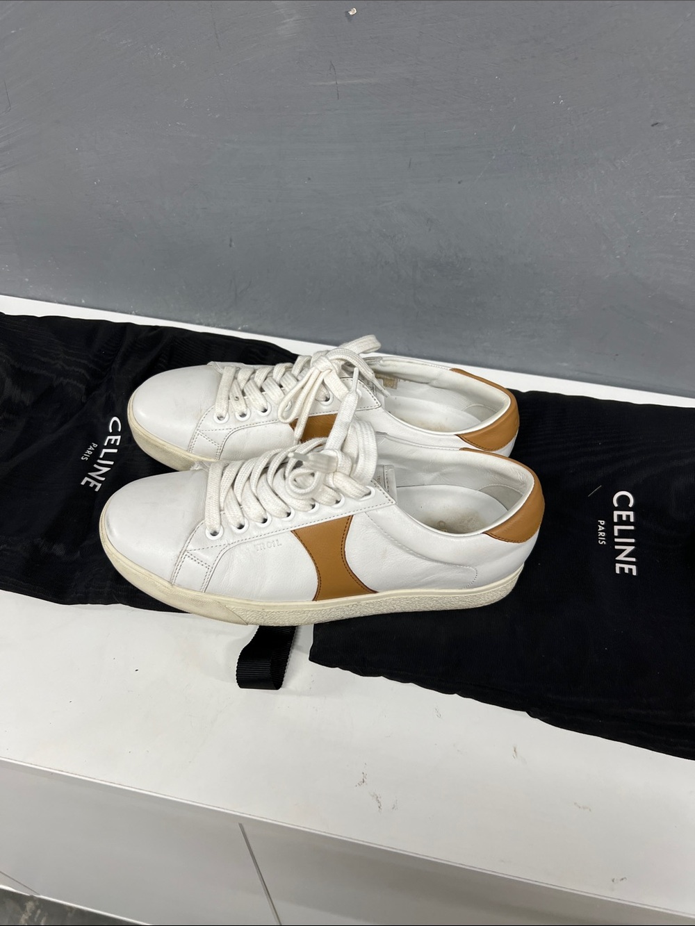 Celine White Leather Sneakers with Brown Accents